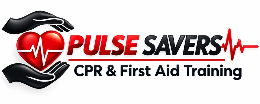 Pulse Savers CPR and First Aid Training logo: heart with pulse line held between two hands